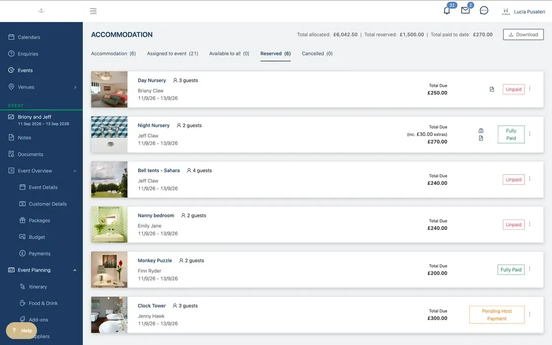 Hostology accommodation view showing reserved rooms, guests and payment status