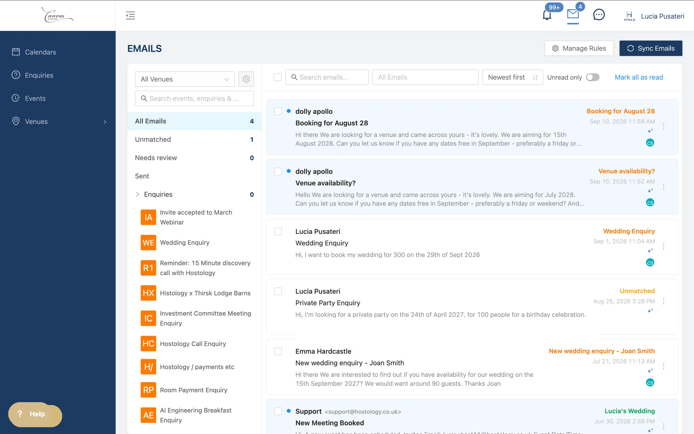 The venue team's Emails page: messages synced from the connected mailbox, each tagged with the enquiry or event it belongs to, with Unmatched and Needs review queues and a list of enquiries alongside.