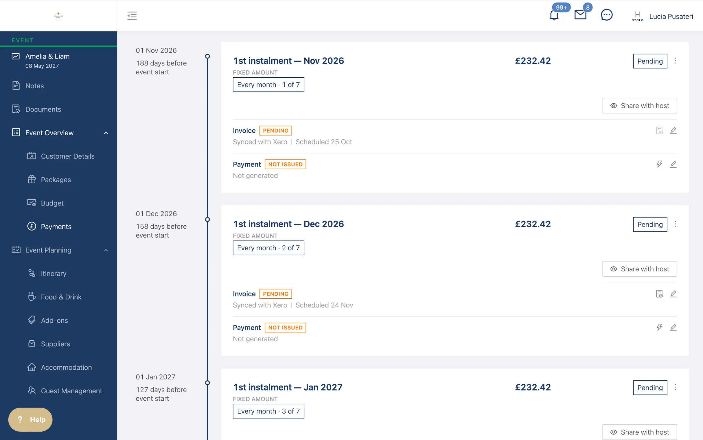 An event's instalment timeline: monthly fixed-amount instalments, each dated against the event, with its invoice synced to Xero on a scheduled date and its payment status.